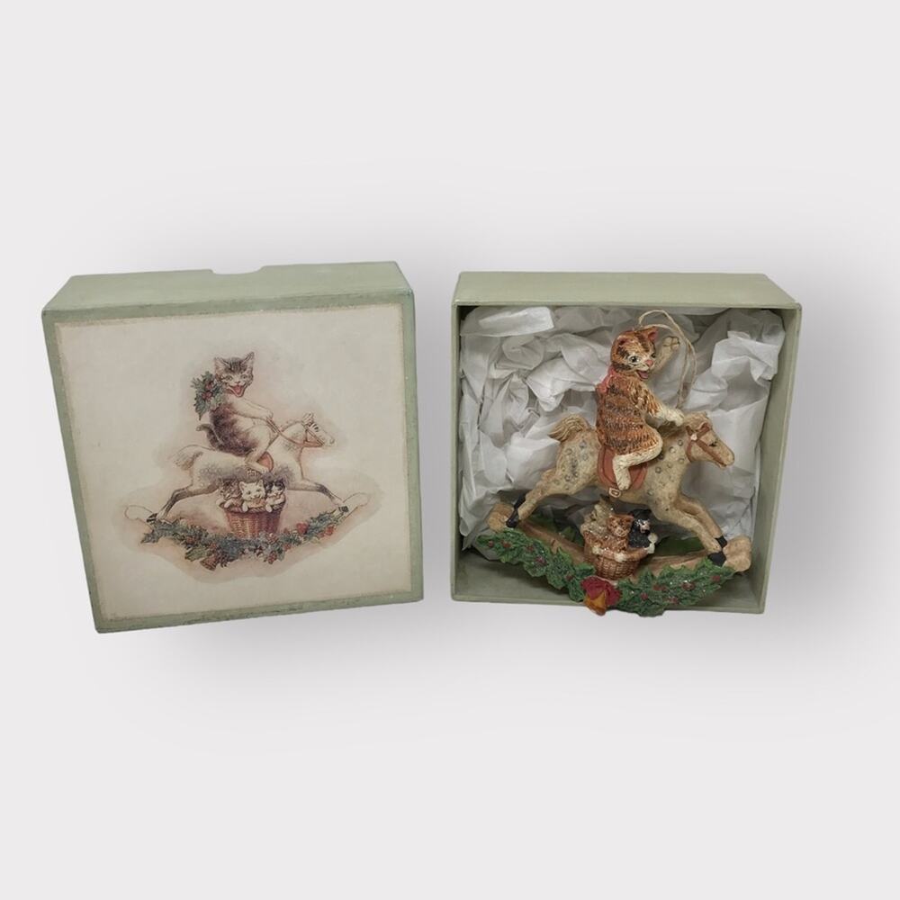 Christmas Cat Ornament Rocking Horse & resin Printed Box The Country Loft